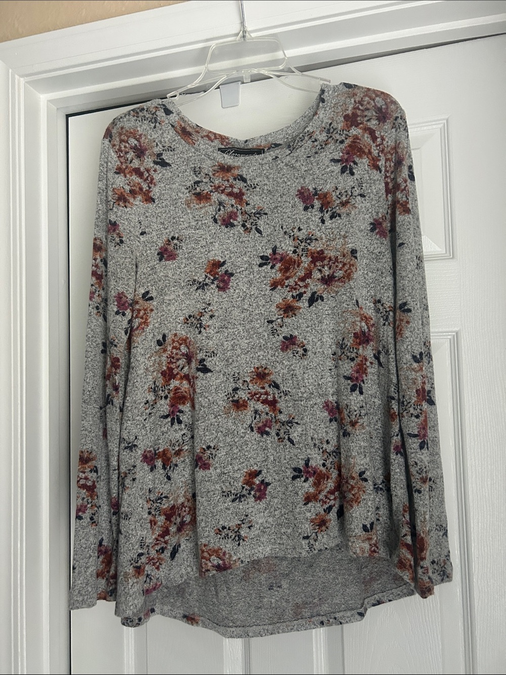 Women's Grey Long-Sleeve Top with Rust & Pink Flowers